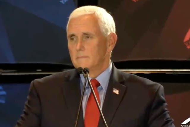 <p>Mike Pence speaking at a Young America’s Foundation event on Monday in Iowa</p>