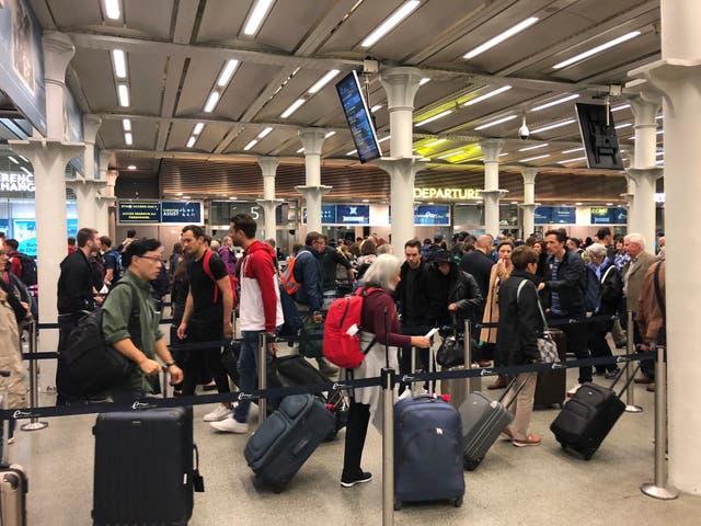 <p>Space invaders: check-in queue for Eurostar trains at London St Pancras International before the coronavirus pandemic</p>