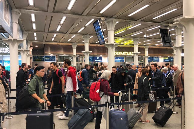 <p>Space invaders: check-in queue for Eurostar trains at London St Pancras International before the coronavirus pandemic</p>