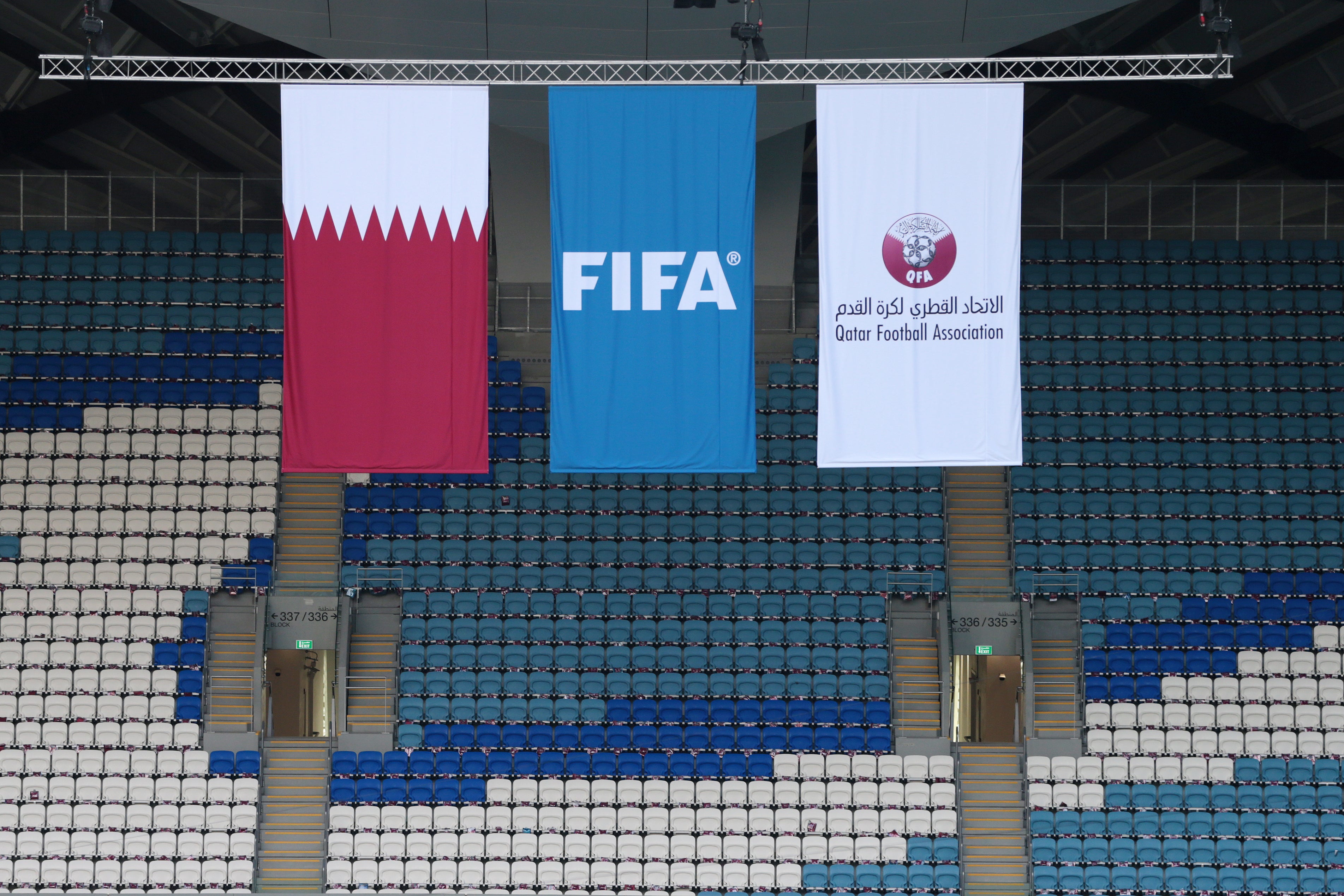 Flags of Qatar, Fifa and the Qatar Football Association at Al Wakrah Stadium