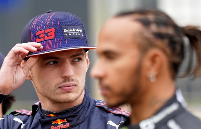 <p>Max Verstappen, left, holds a 12-point lead over Lewis Hamilton</p>