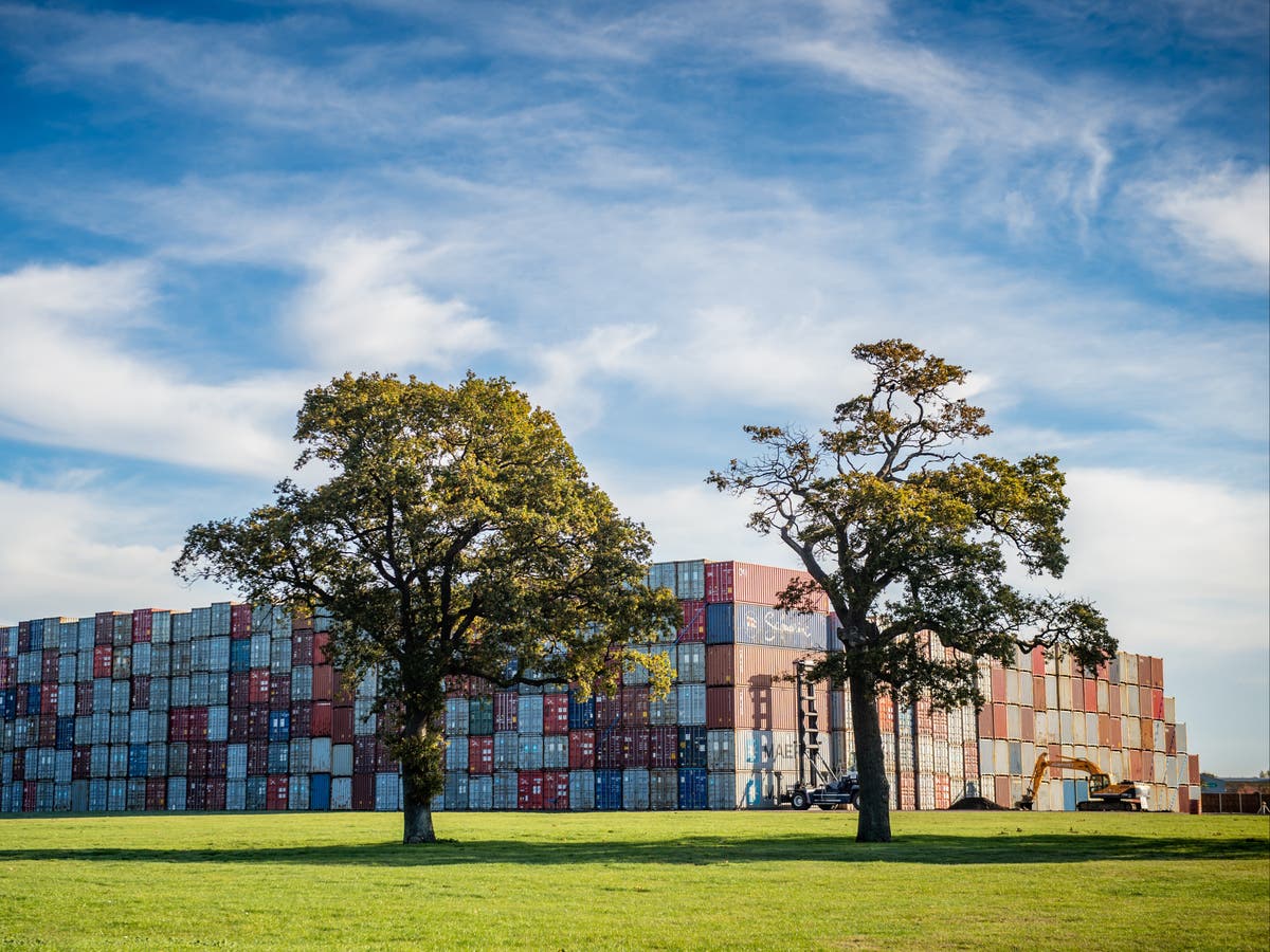 Hundreds of shipping containers left stacked in field near Felixstowe port