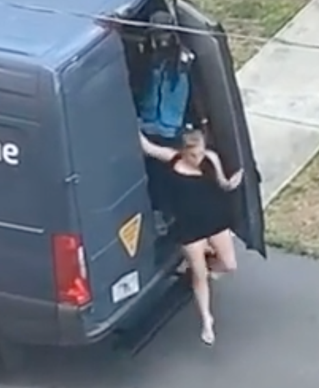Woman seen exiting Amazon van as delivery driver watches on