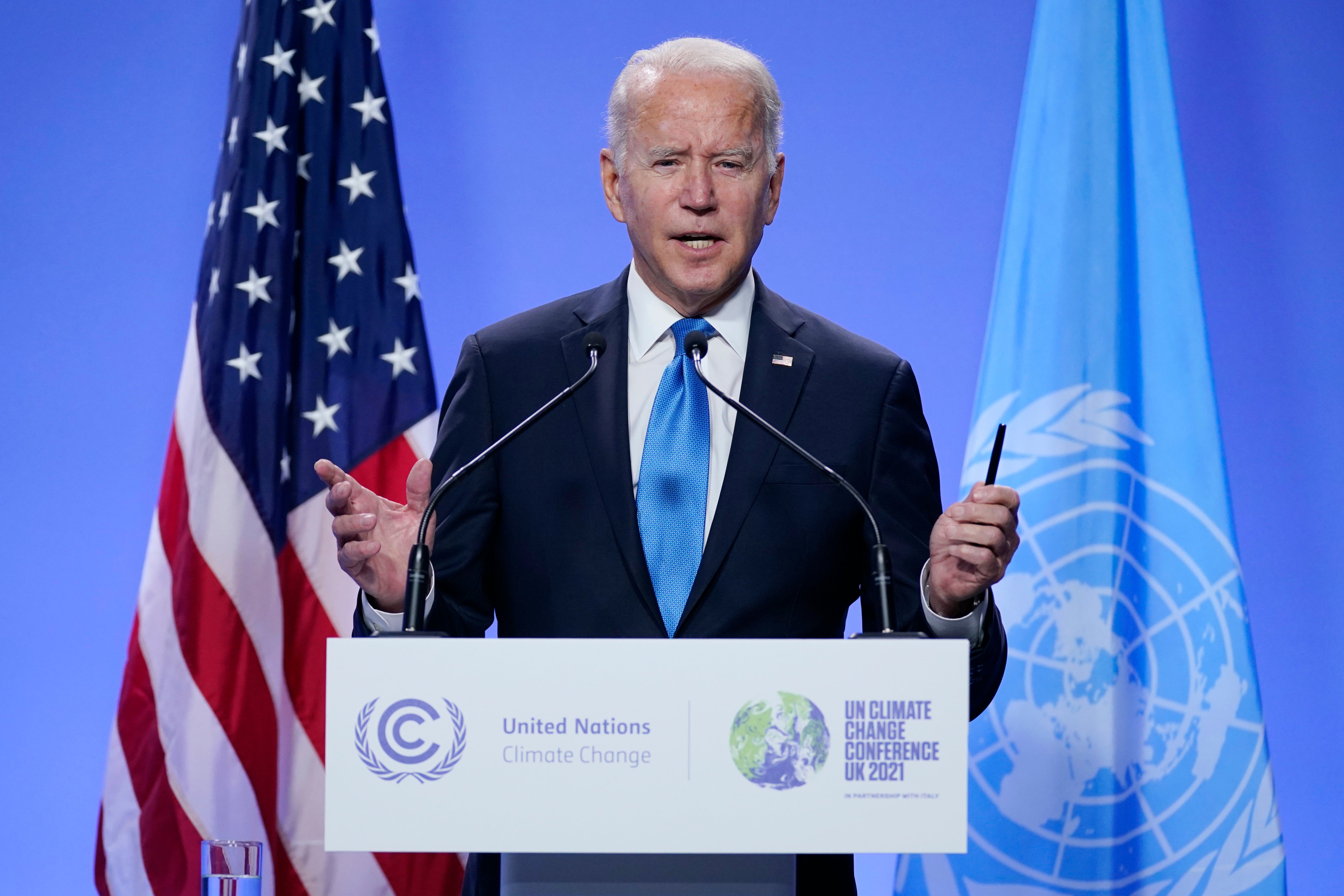 <p>President Joe Biden speaks during a news conference at the COP26 U.N. Climate Summit, Tuesday, Nov. 2, 2021, in Glasgow, Scotland. (AP Photo/Evan Vucci)</p>