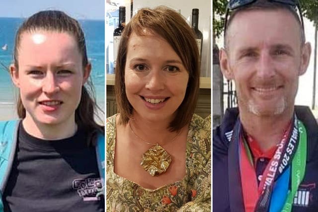 <p>Morgan Rogers (L), Nicola Wheatley (C) and Paul O’Dwyer died in the paddle boarding accident in Wales</p>