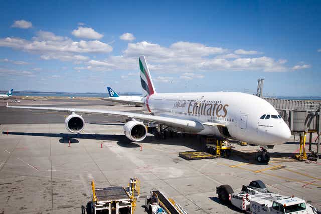 <p>An Emirates A380</p>