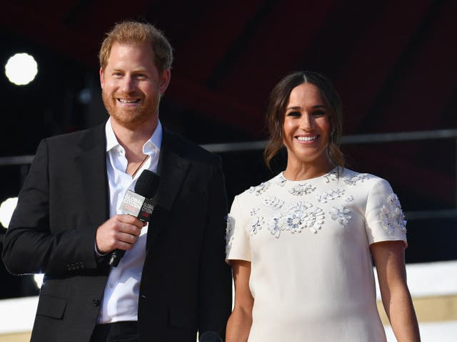 <p>Prince Harry and Meghan Markle speak during the 2021 Global Citizen Live festival</p>