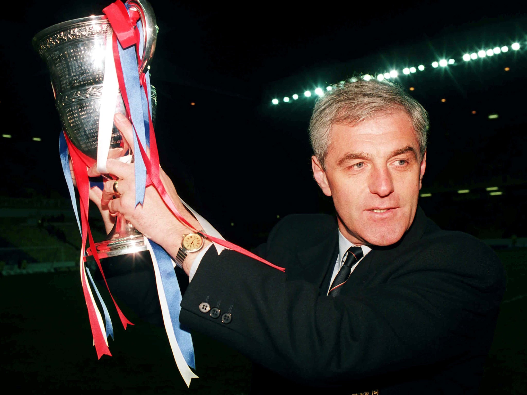 Smith shows off the Scottish Premier Division trophy at Ibrox in April 1992