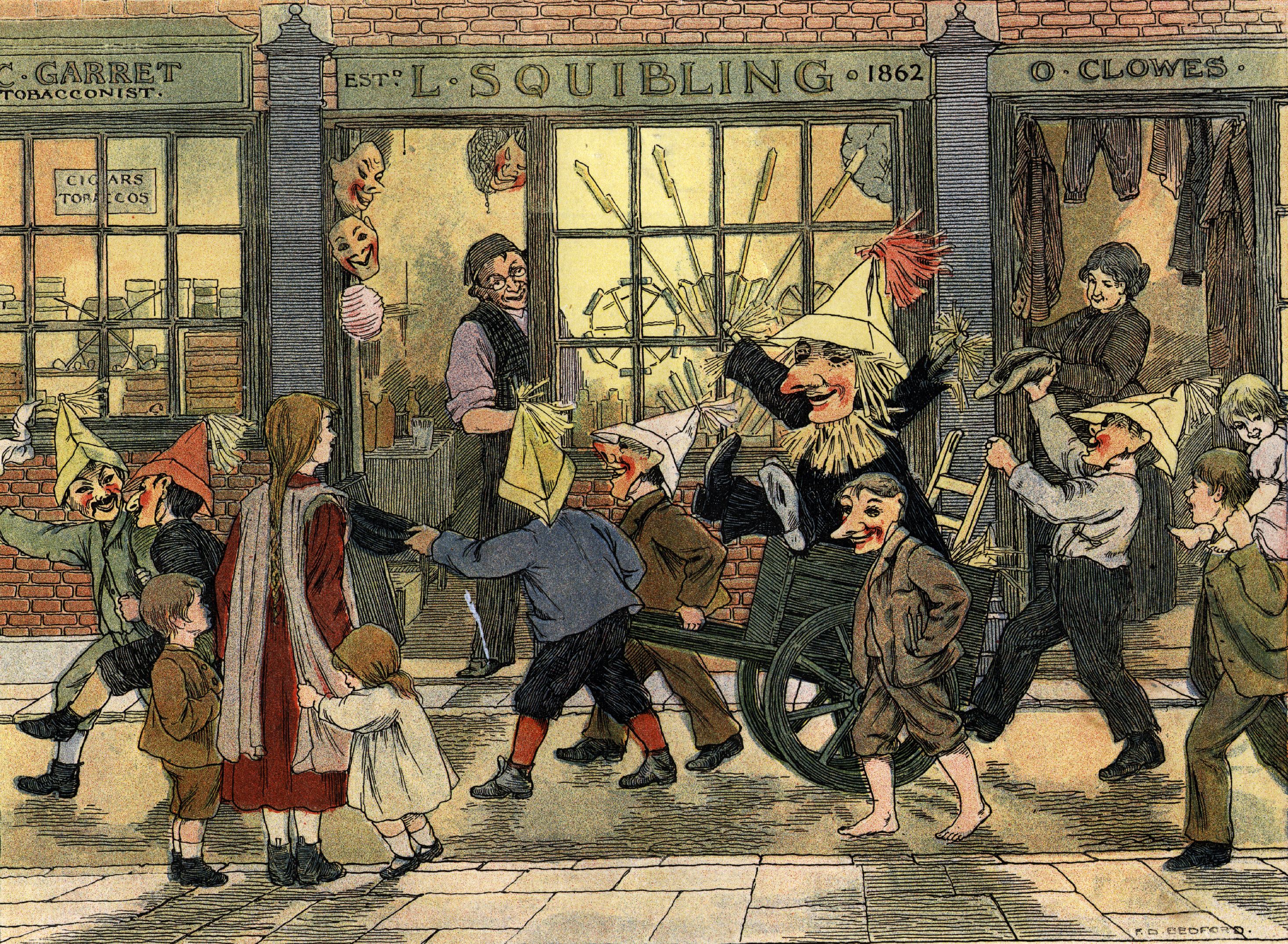 1900: A painting by FD Bedford depicting children dressed in masks and paper hats, taking a straw Guy through the streets asking for pennies