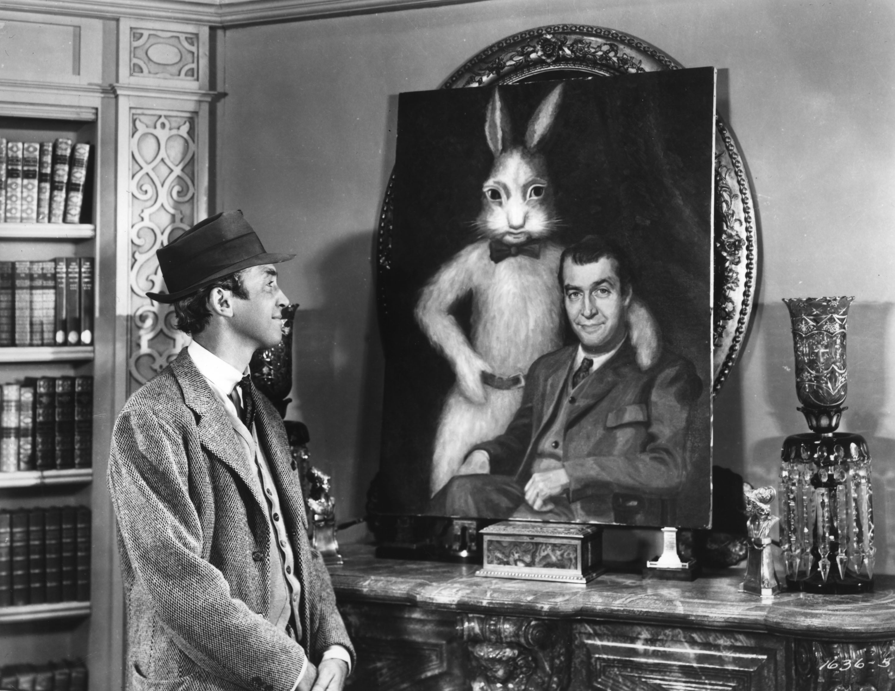 Stewart as Elwood P Dowd, whose sanity is questioned when he befriends an invisible tall rabbit in ‘Harvey’ (1950)