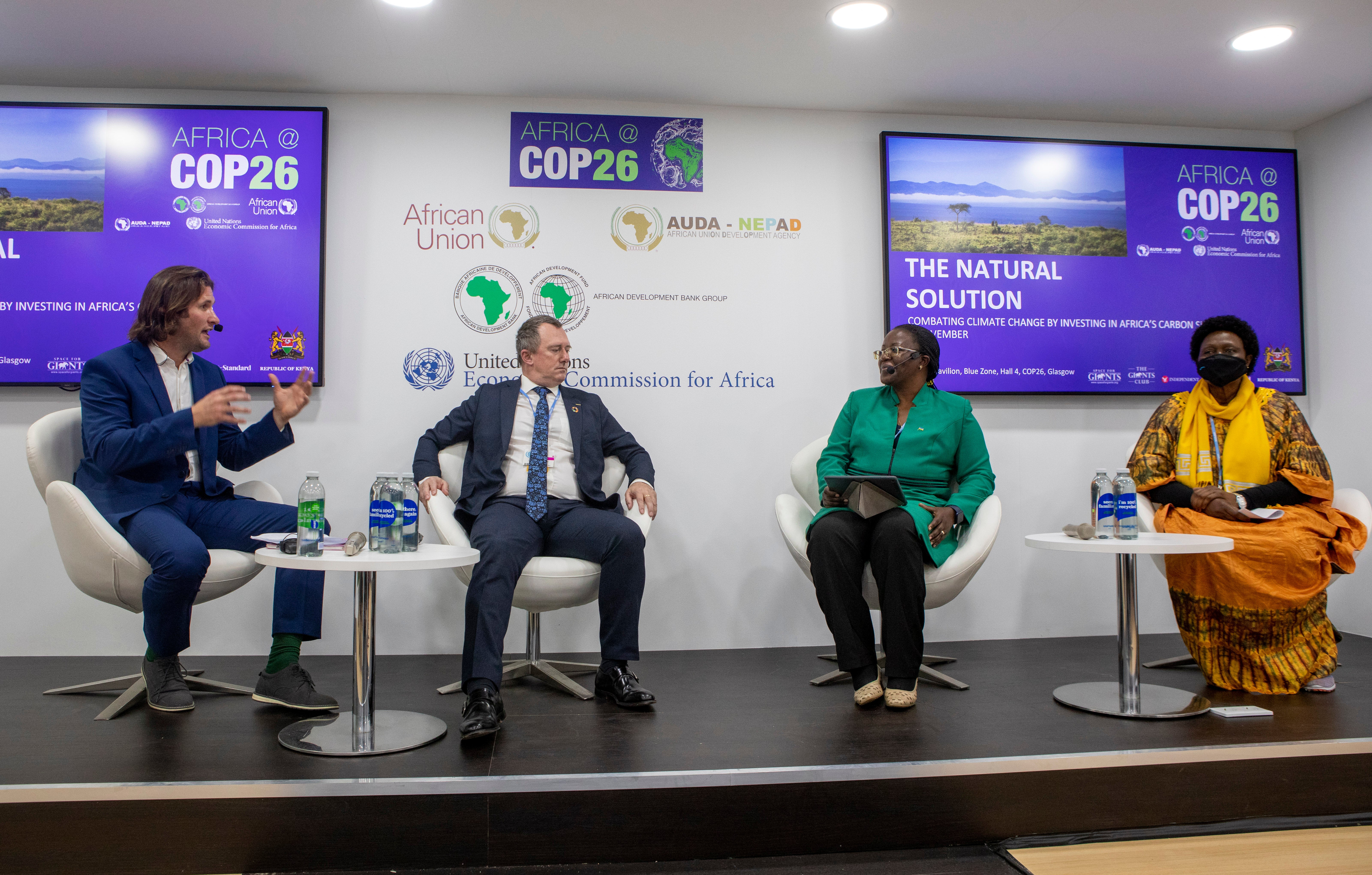 From left, Dr Max Graham, Professor Lee White, Dr Jeanne d’Arc Mujawamariya, and Honorable Beatrice Anywar on stage at the event