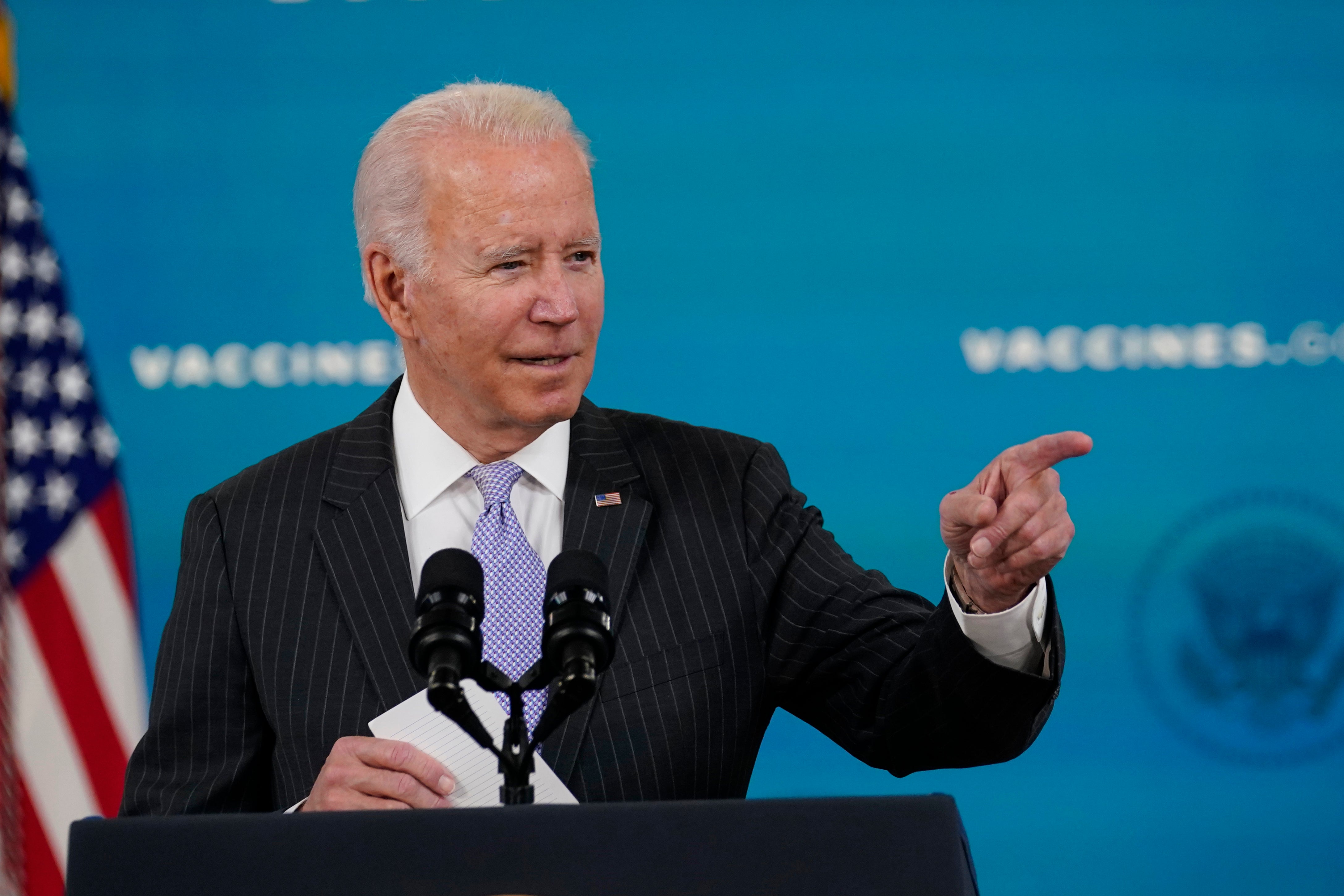 <p>President Joe Biden talks about the newly approved COVID-19 vaccine for children ages 5-11 from the South Court Auditorium on the White House complex in Washington, Wednesday, Nov. 3, 2021. U.S. health officials on Tuesday gave the final sign-off to Pfizer's kid-size COVID-19 shot, a milestone that opens a major expansion of the nation's vaccination campaign to children as young as 5. (AP Photo/Susan Walsh)</p>