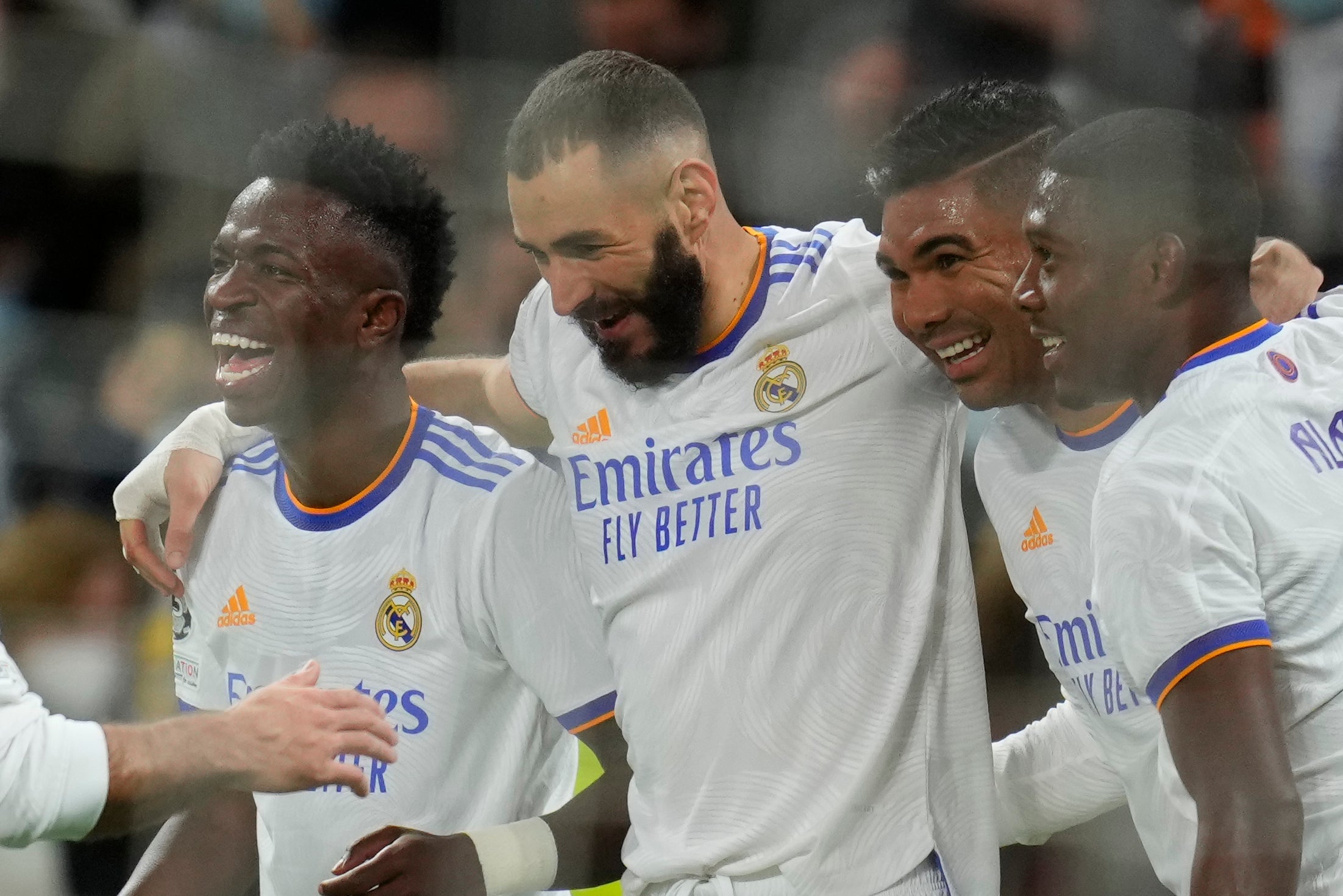 Real Madrid’s Karim Benzema (second left) scored twice (Manu Fernandez/AP)