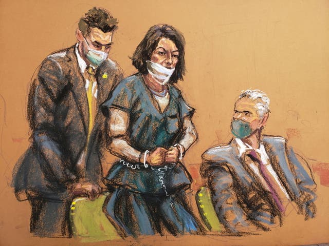 <p>Ghislaine Maxwell, the Jeffrey Epstein associate accused of sex trafficking, is led into court in shackles for a pre-trial hearing ahead of jury selection, expected to begin later in the week, in a courtroom sketch in New York City, U.S., November 1, 2021</p>