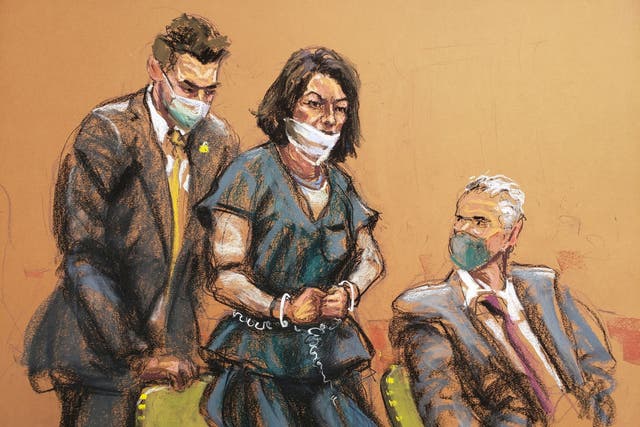 <p>Ghislaine Maxwell, the Jeffrey Epstein associate accused of sex trafficking, is led into court in shackles for a pre-trial hearing ahead of jury selection, expected to begin later in the week, in a courtroom sketch in New York City, U.S., November 1, 2021</p>