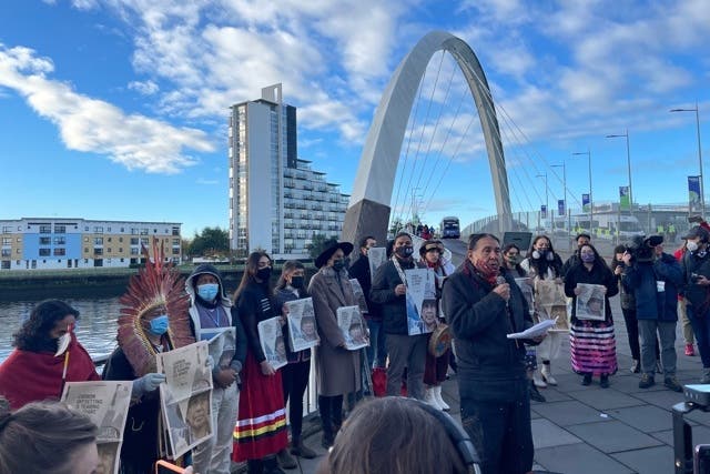 <p>Tom Goldtooth, executive director of the Indigenous Environmental Network, speaks outside the Cop26 climate summit in Glasgow</p>