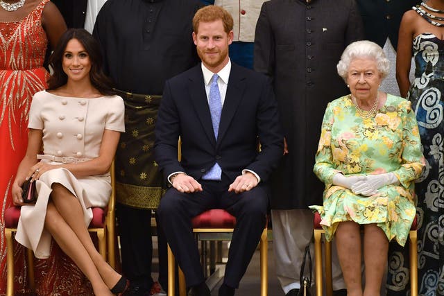<p>Meghan, Harry, and the Queen </p>