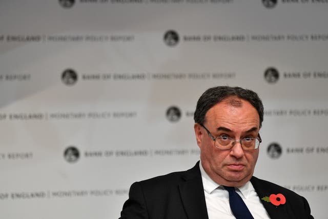 Governor of the Bank of England Andrew Bailey during the Bank of England Monetary Policy Report Press Conference at the Bank of England, London. The pound tumbled after the central bank’s decision to hold rates but London stocks made gains as a result (Justin Tallis/PA)