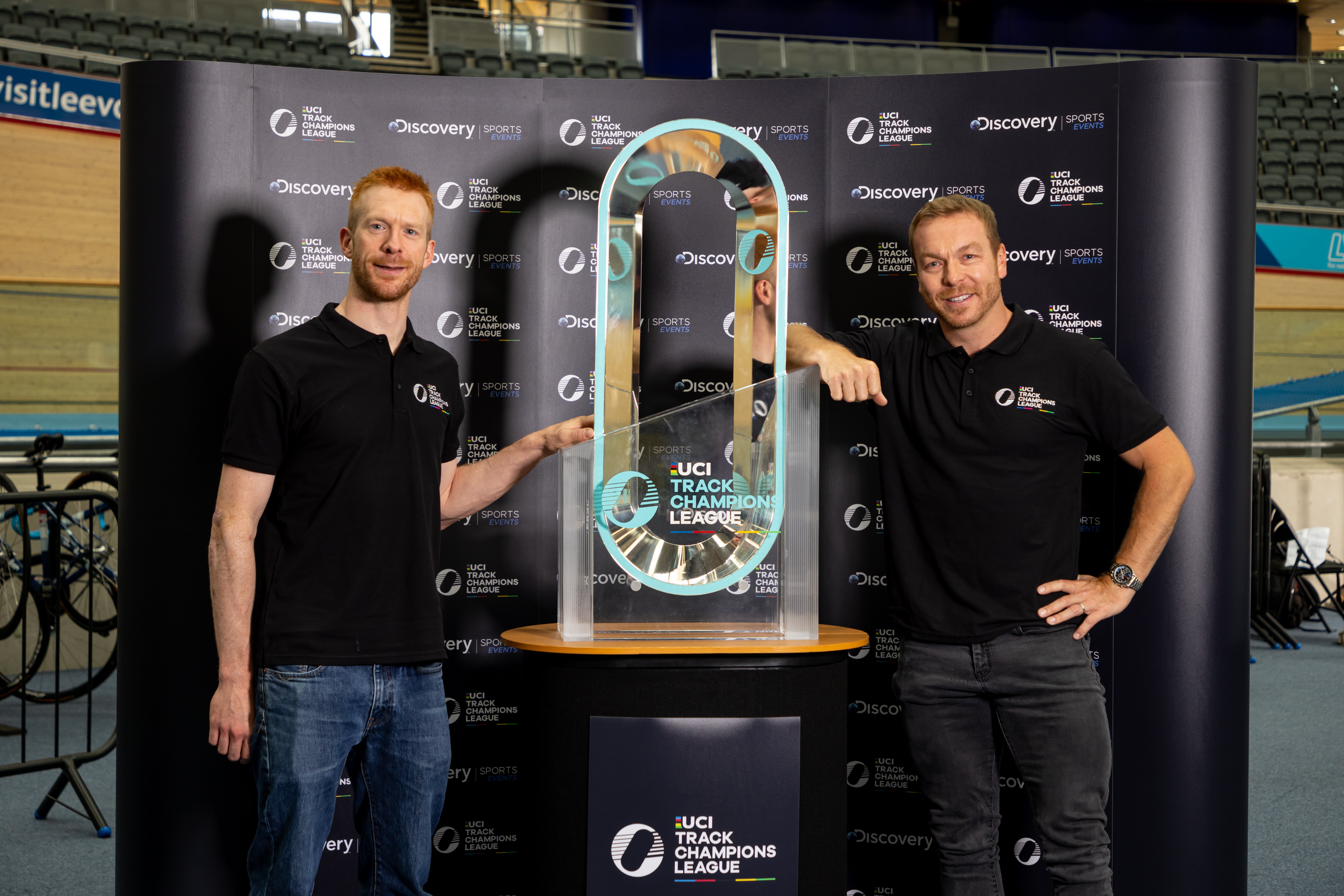 Ed Clancy and Sir Chris Hoy with the UCI Track Champions League trophy (James Cheadle/UCI handout)