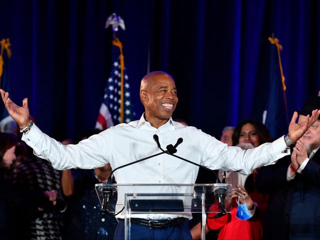 <p>Adams, seen here at his 2021 election victory party, was reportedly in talks with the Trump administration to be appointed an ambassador in exchange for dropping out of the NYC mayoral race</p>
