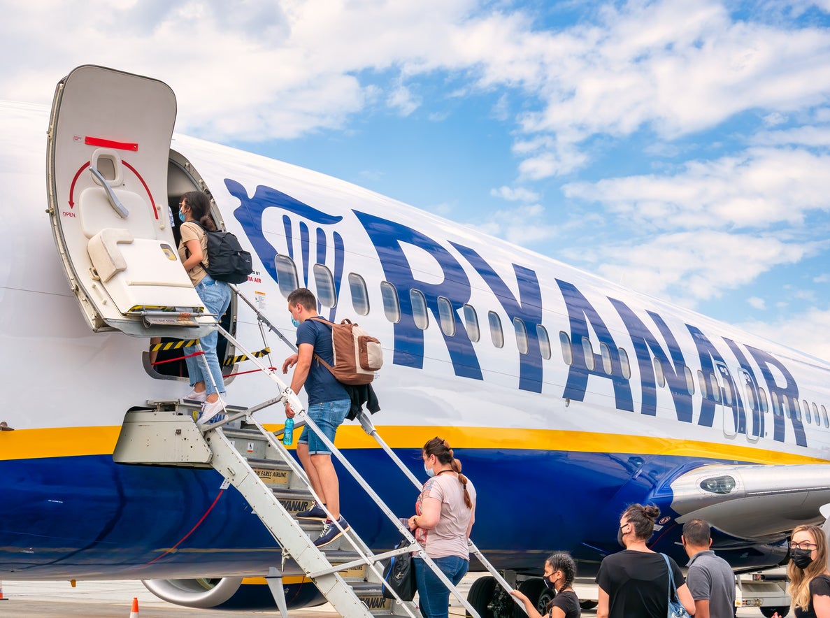 Passengers boarding a Ryanair flight