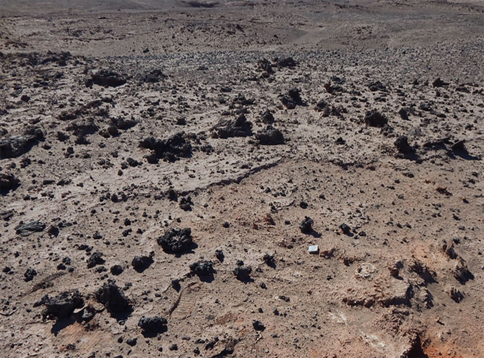 Depósitos de vidrio de silicato oscuro se encuentran esparcidos a lo largo de un corredor de 75 kilómetros en el desierto de Atacama en el norte de Chile.