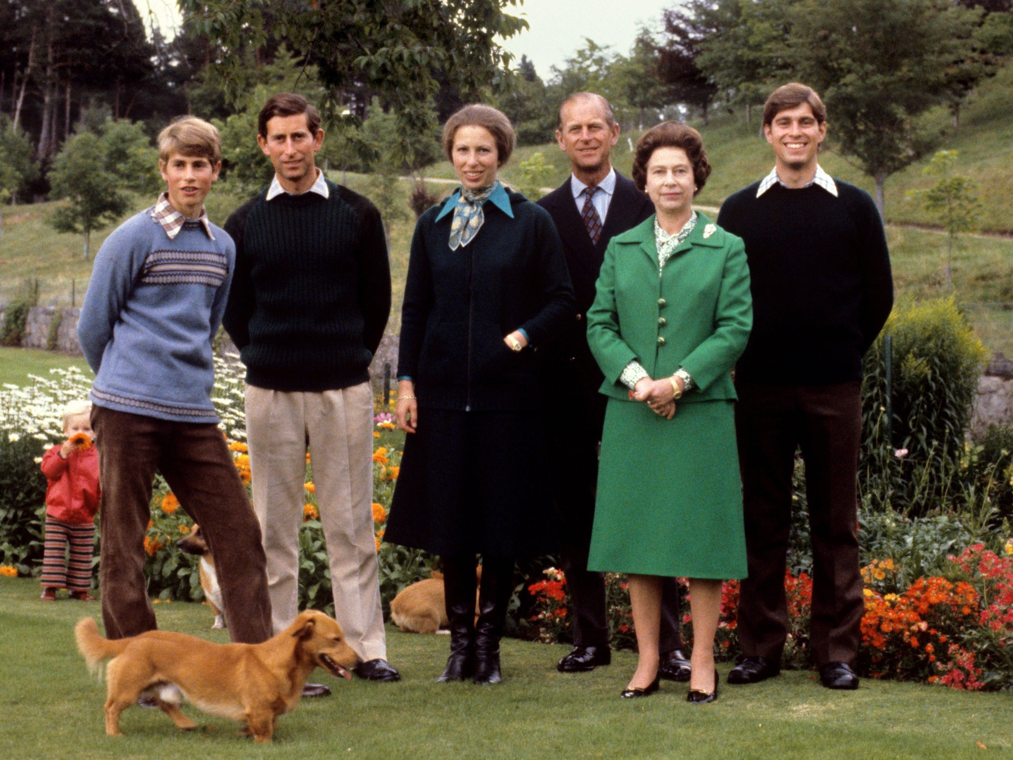 (L-R) Prince Edward, Prince Charles, Princess Anne, Prince Philip, the Queen and Prince Andrew at Balmoral in 1979
