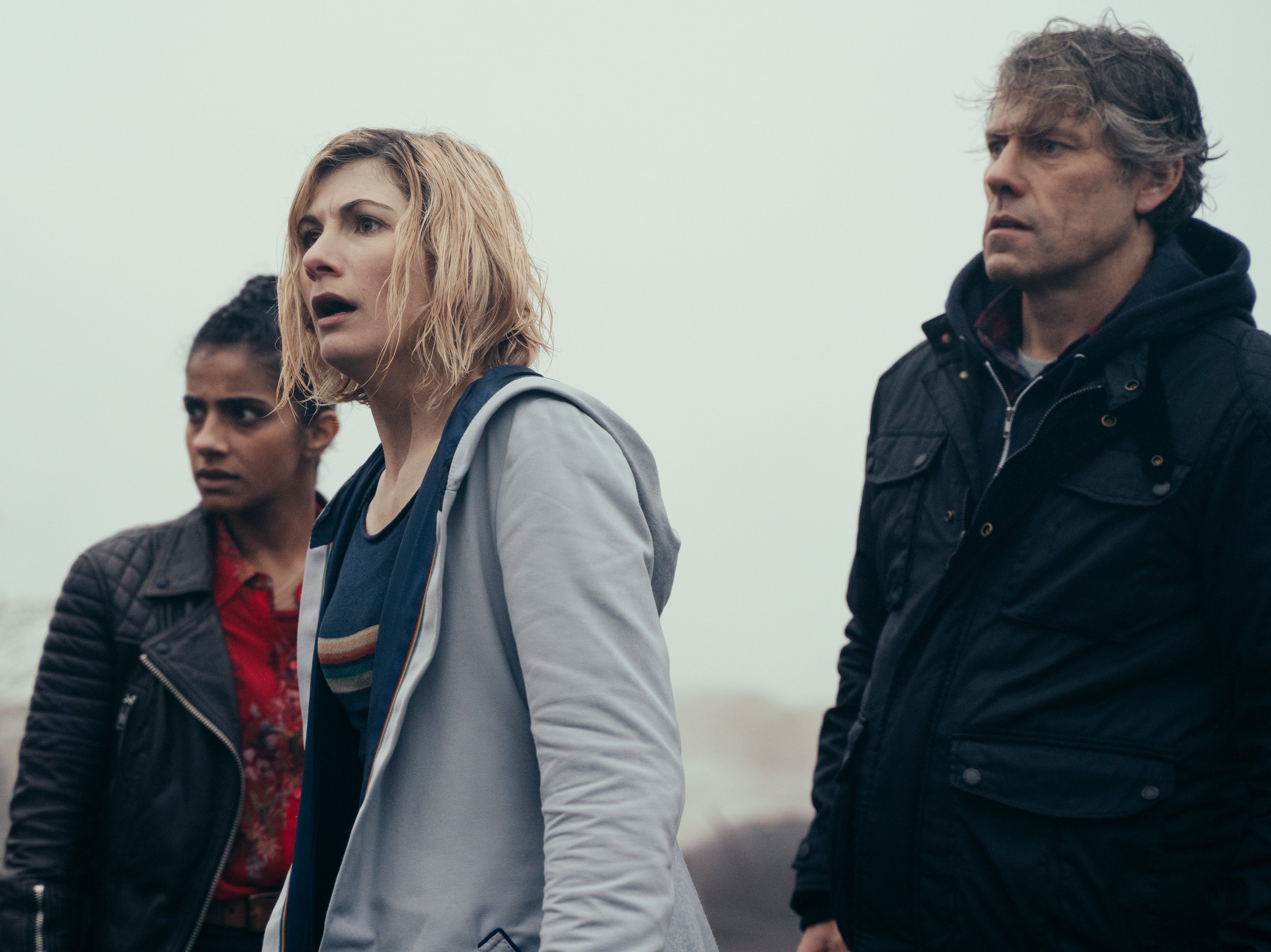 Yasmin Khan (Mandip Gill), The Doctor (Jodie Whittaker) and Dan (John Bishop) in the second episode of ‘Flux’