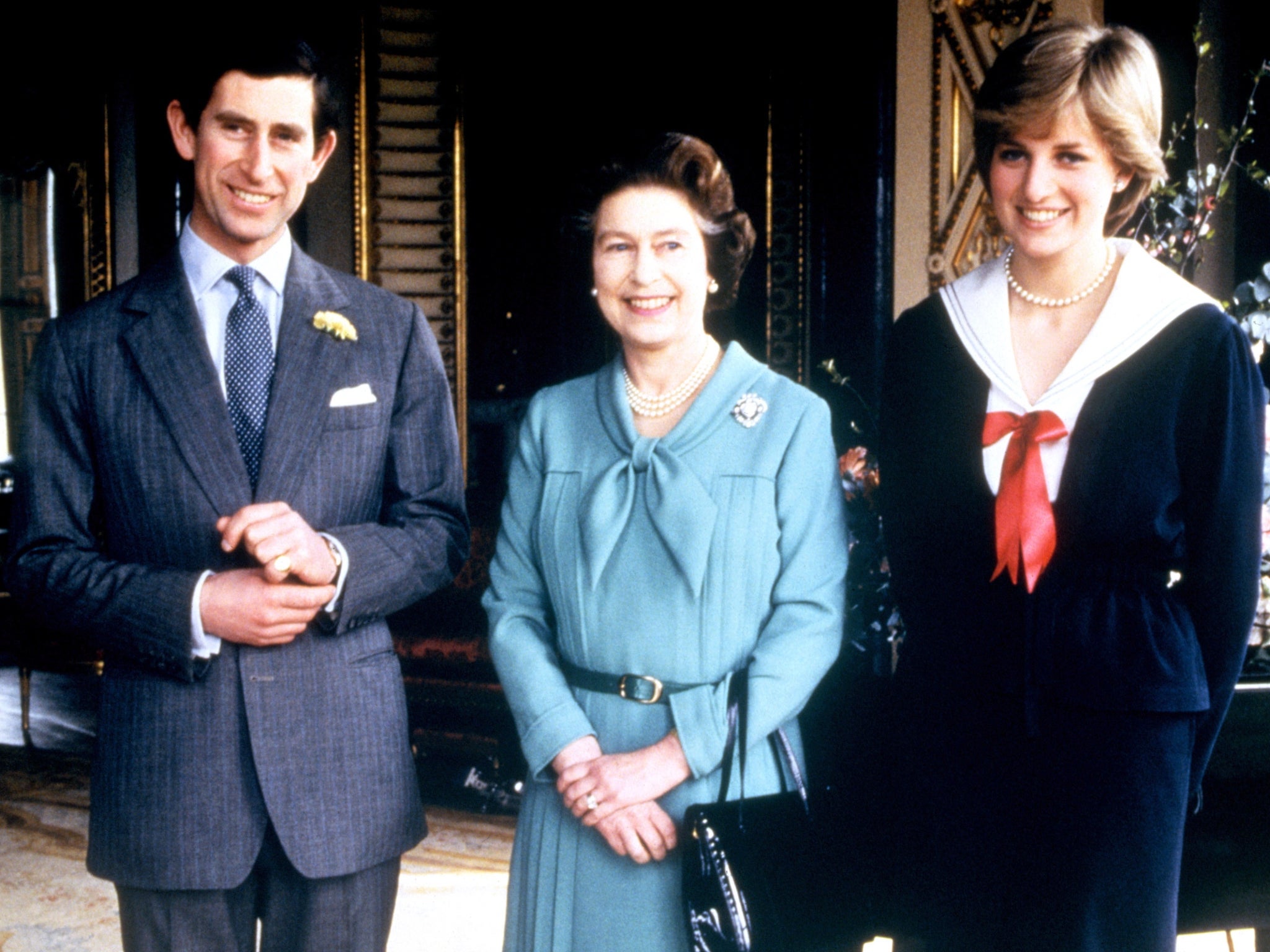 Prince Charles, the Queen and Princess Diana after Charles and Diana announced their engagement in 1981