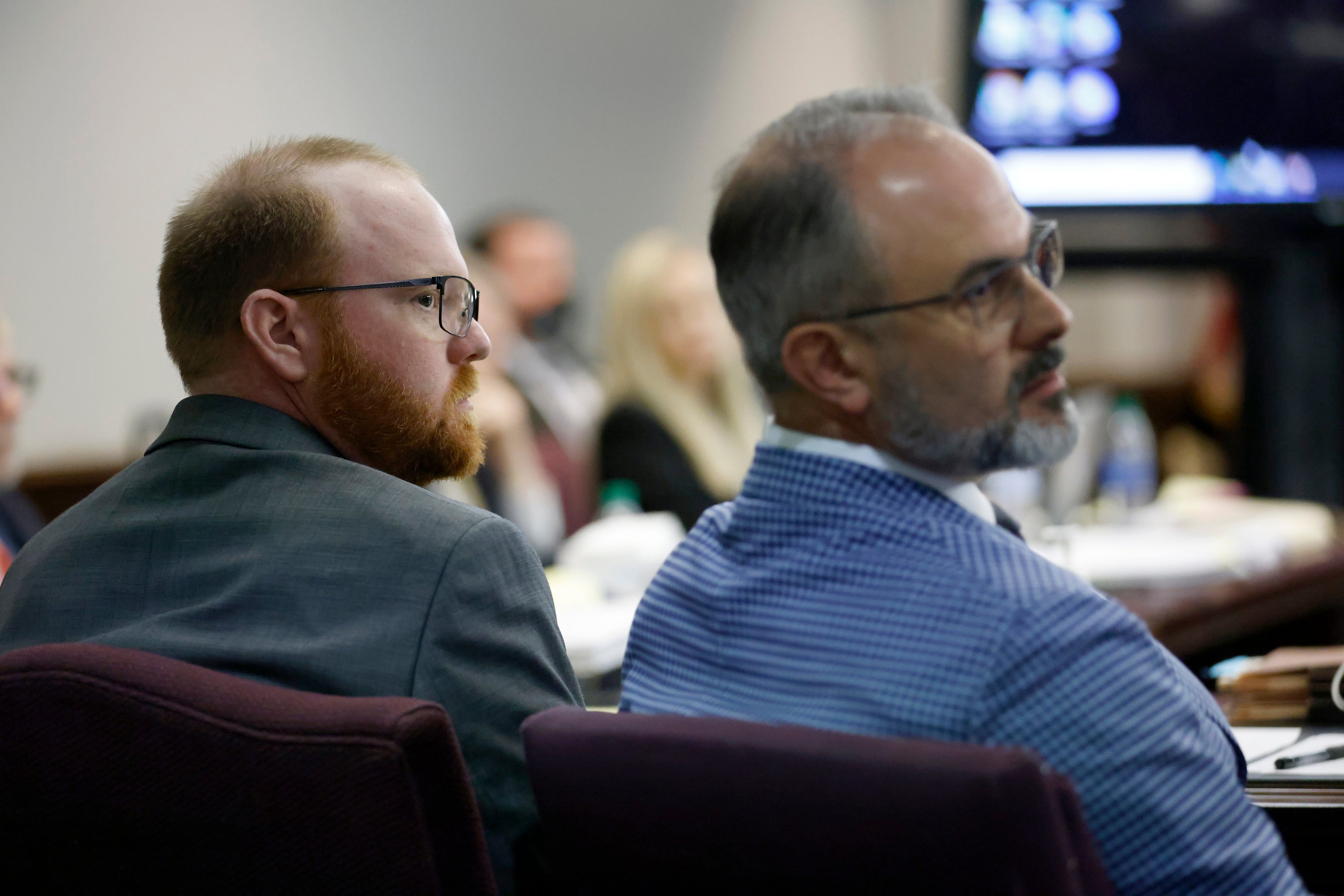 Travis McMichael listens to the prosecution’s opening statement on Friday at his murder trial