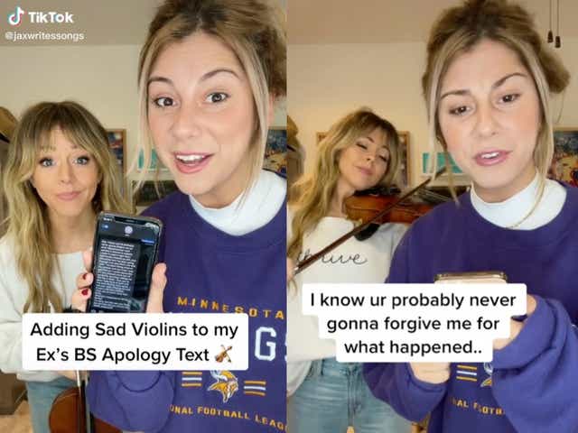 <p>Woman adds sad violin music to reading of ex’s ‘BS apology text’</p>