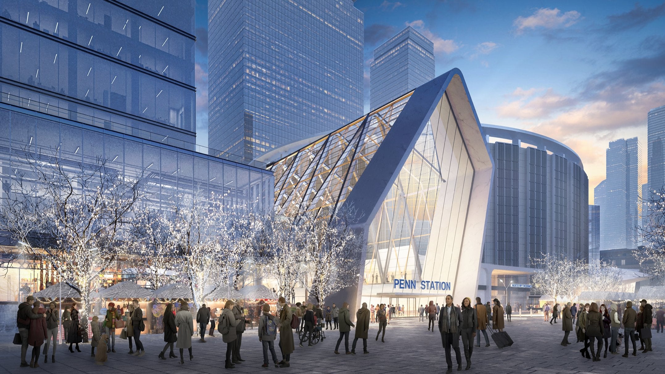 An artist’s rendering of the entrance to the proposed new Penn Station, as unveiled by Governor Kathy Hochul