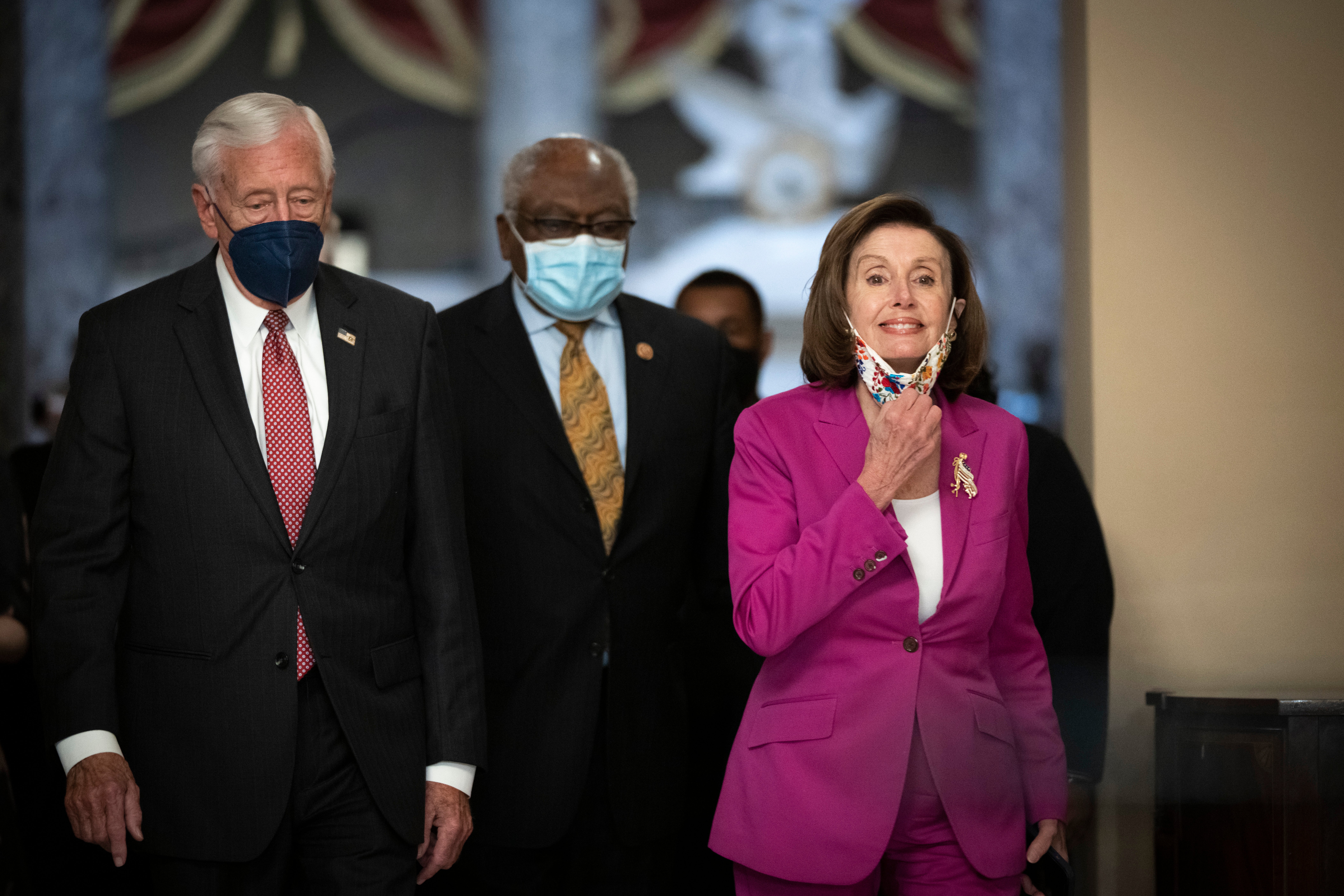 House Majority Leader Rep. Steny Hoyer (D-MD), House Majority Whip Rep. James Clyburn (D-SC) and Speaker of the House Nancy Pelosi (D-CA) walk to the House Chamber at the U.S. Capitol November 05, 2021 in Washington, DC