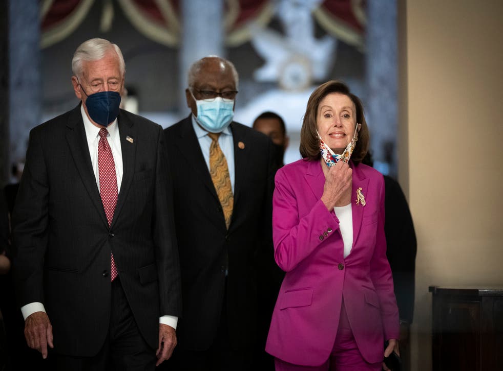 <p>House Majority Leader Rep. Steny Hoyer (D-MD), House Majority Whip Rep. James Clyburn (D-SC) and Speaker of the House Nancy Pelosi (D-CA) walk to the House Chamber at the U.S. Capitol November 05, 2021 in Washington, DC</p>