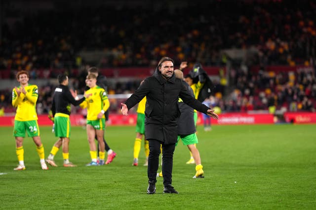 Norwich manager Daniel Farke salutes the fans after beating Brentford (John Walton/PA)