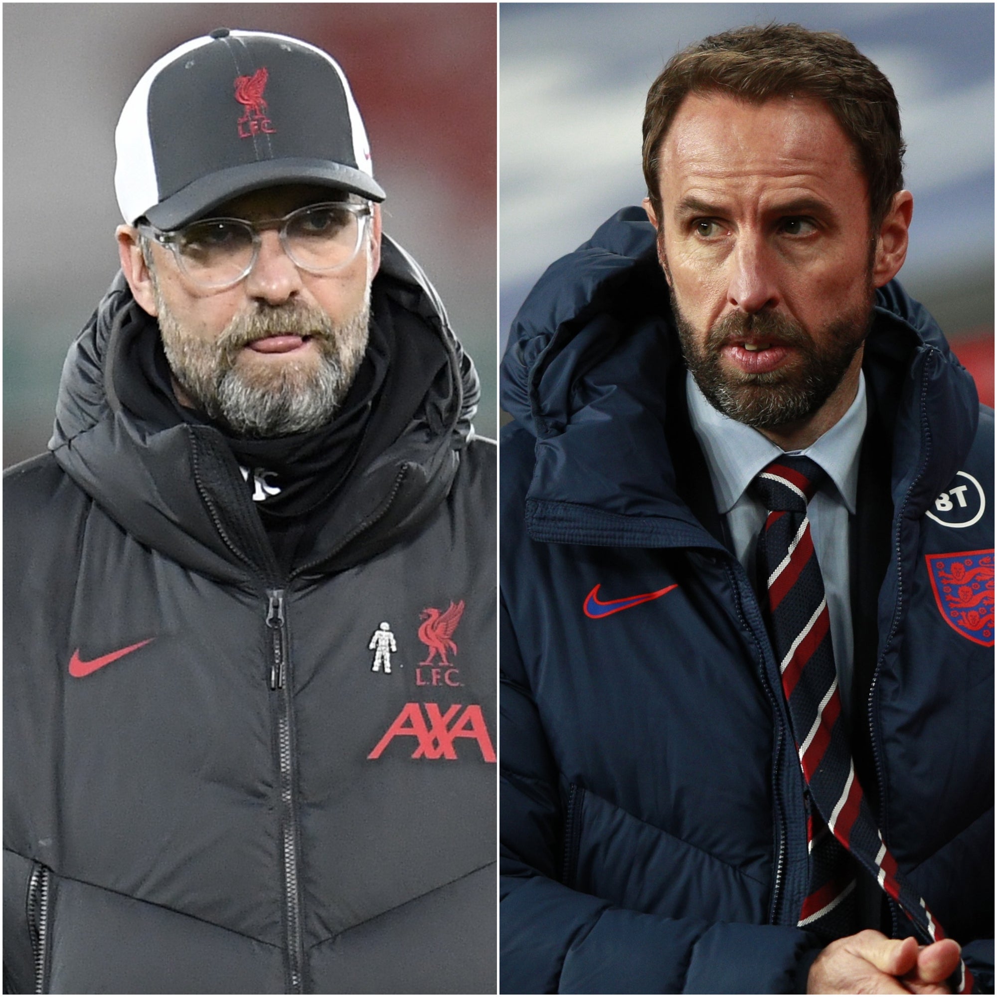 Liverpool manager Jurgen Klopp and England boss Gareth Southgate, right (PA)