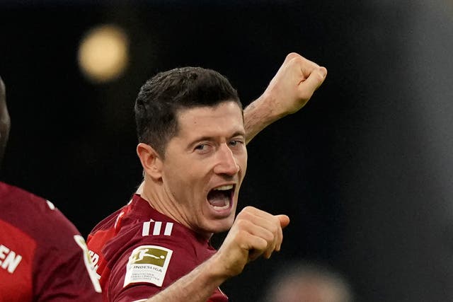 Robert Lewandowski scored his 60th goal of 2021 in Bayern Munich’s Bundesliga win on Saturday (Matthias Schrader/PA)
