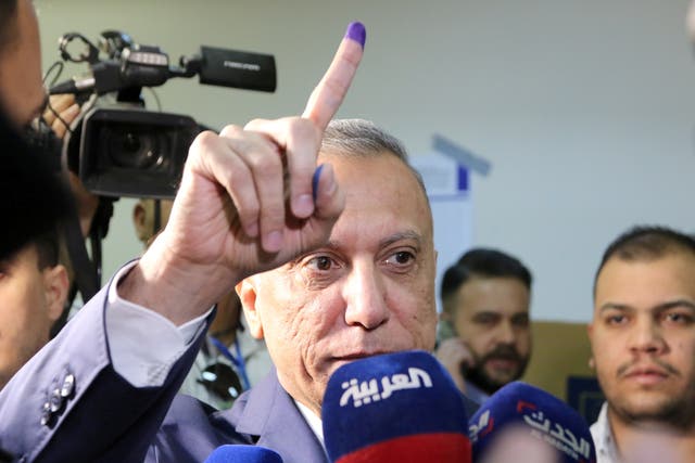 <p>Mustafa Al-Kadhimi, pictured here during October elections, survived an assassination attempt in the early hours of Sunday </p>