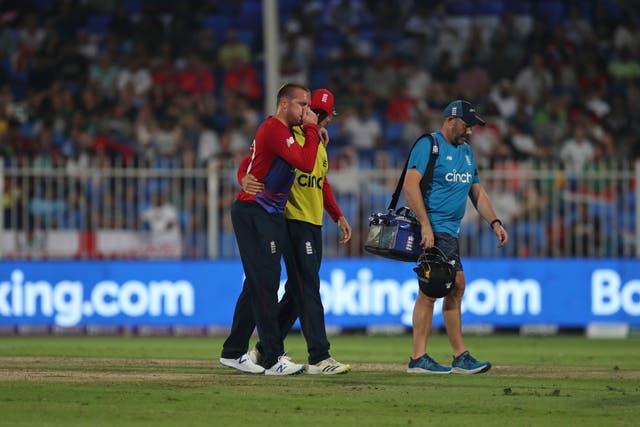 Jason Roy, left, had to be helped off the field as he retired hurt in England’s defeat to South Africa on Saturday (Aijaz Rahi/AP/PA)