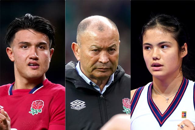 Eddie Jones (centre) is mindful of the “distractions” Emma Raducanu (right) has had to deal with, as he looks to protect Marcus Smith (PA)