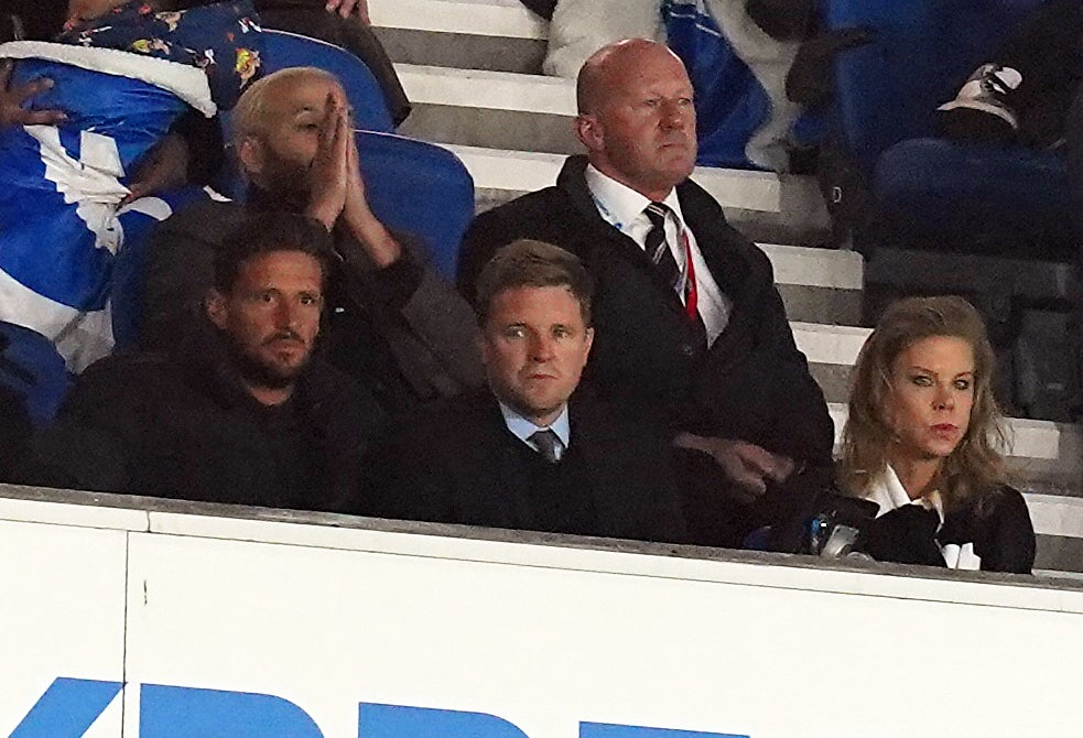 Eddie Howe beside Newcastle owner Amanda Staveley at Brighton