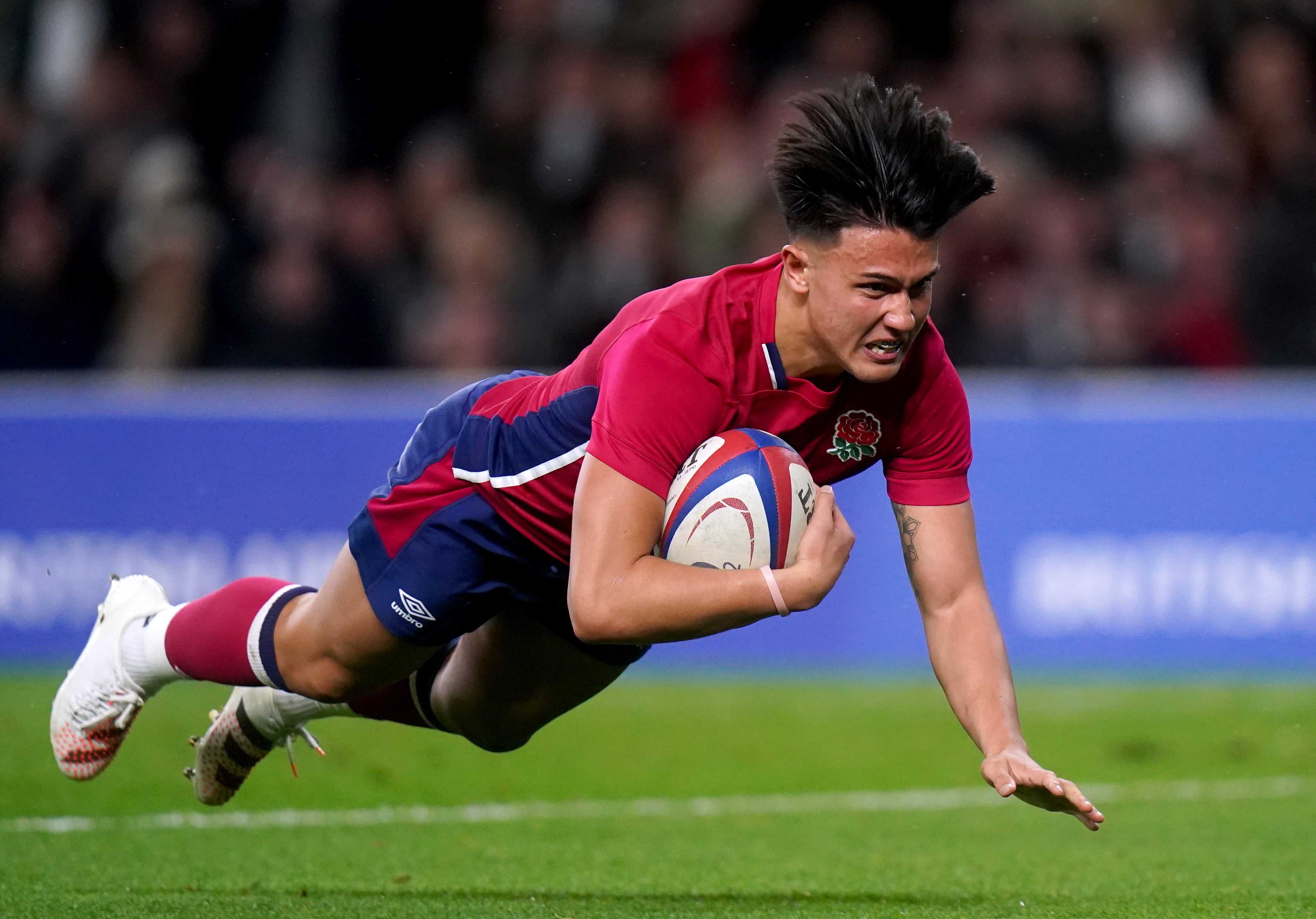 Marcus Smith scored one of England’s 11 tries in their 69-3 win over Tonga (Adam Davy/PA)