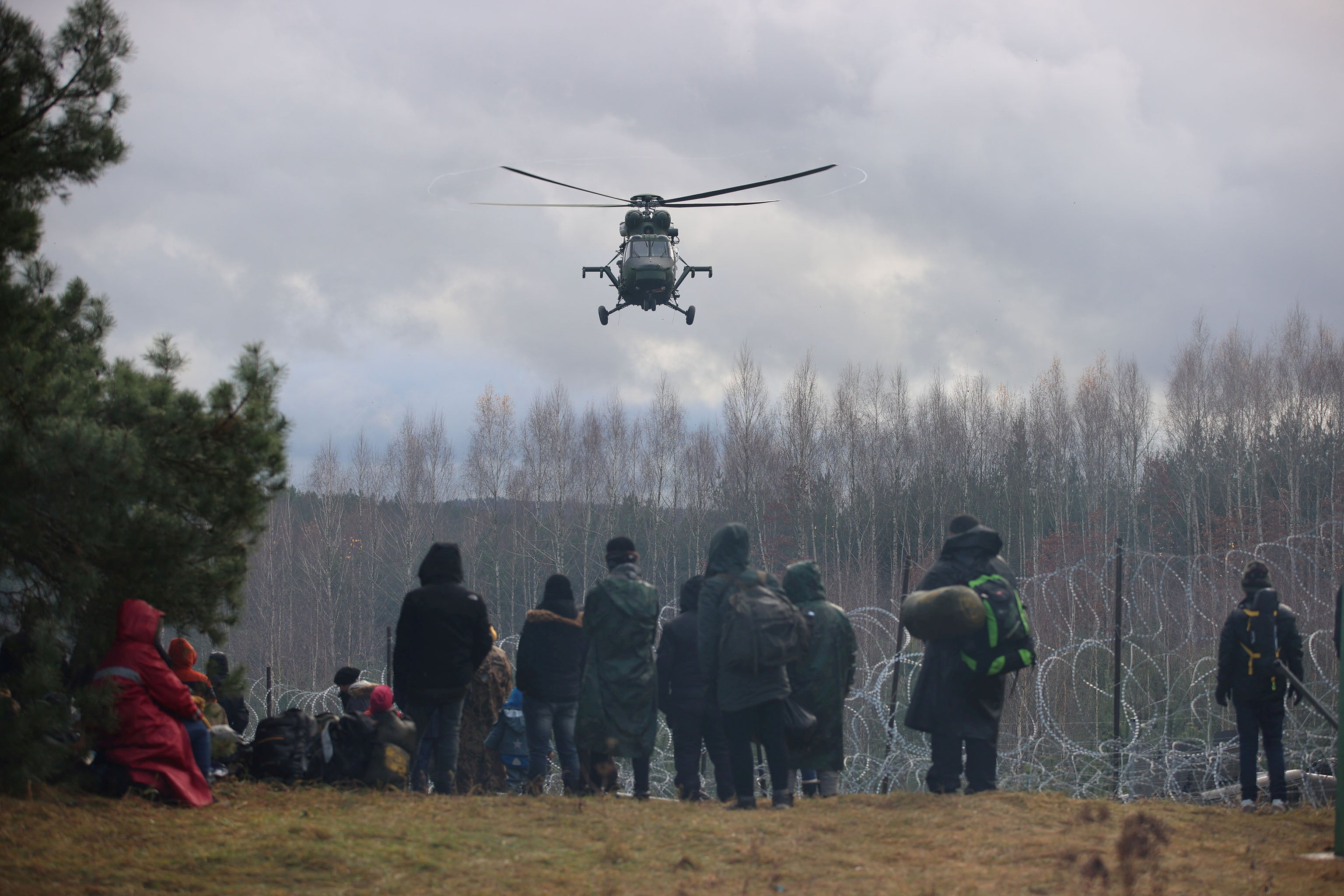 Migrants gather near a barbed wire fence in an attempt to cross the border with Poland