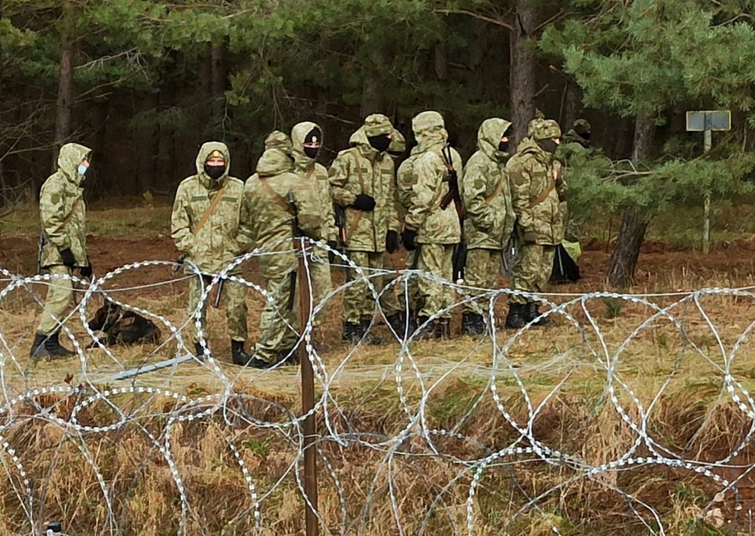 Belarusian soldiers patrol the border as hundreds of migrants try to cross from the Belarus side of the border with Poland near Kuznica Bialostocka