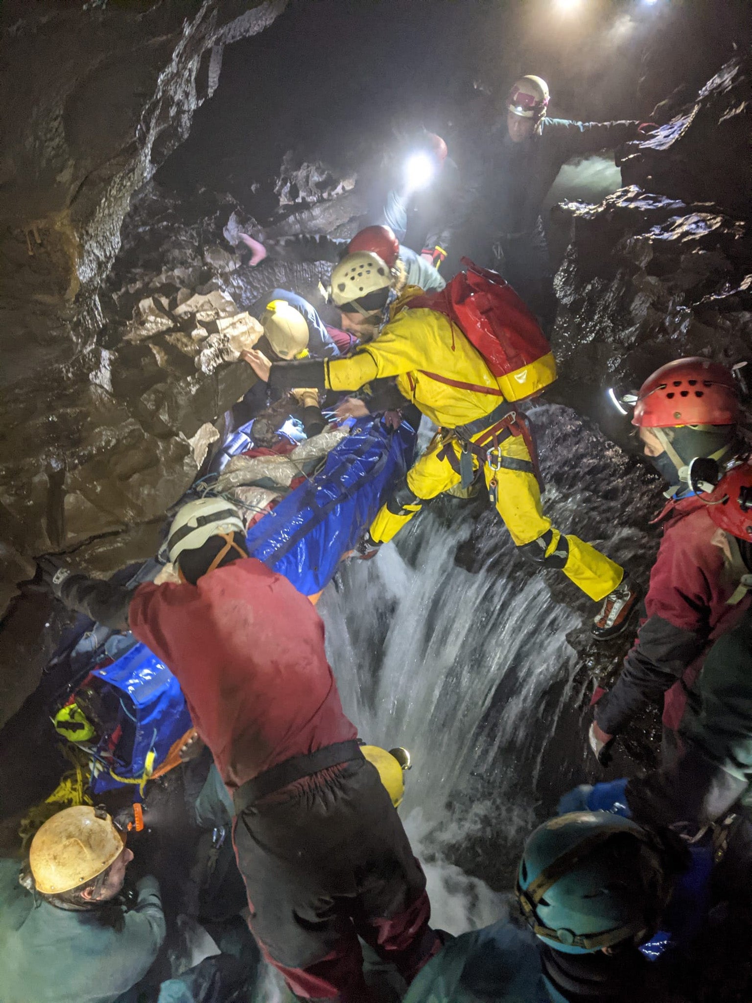Rescuers carried stretcher for hours at a time in precipitous conditions
