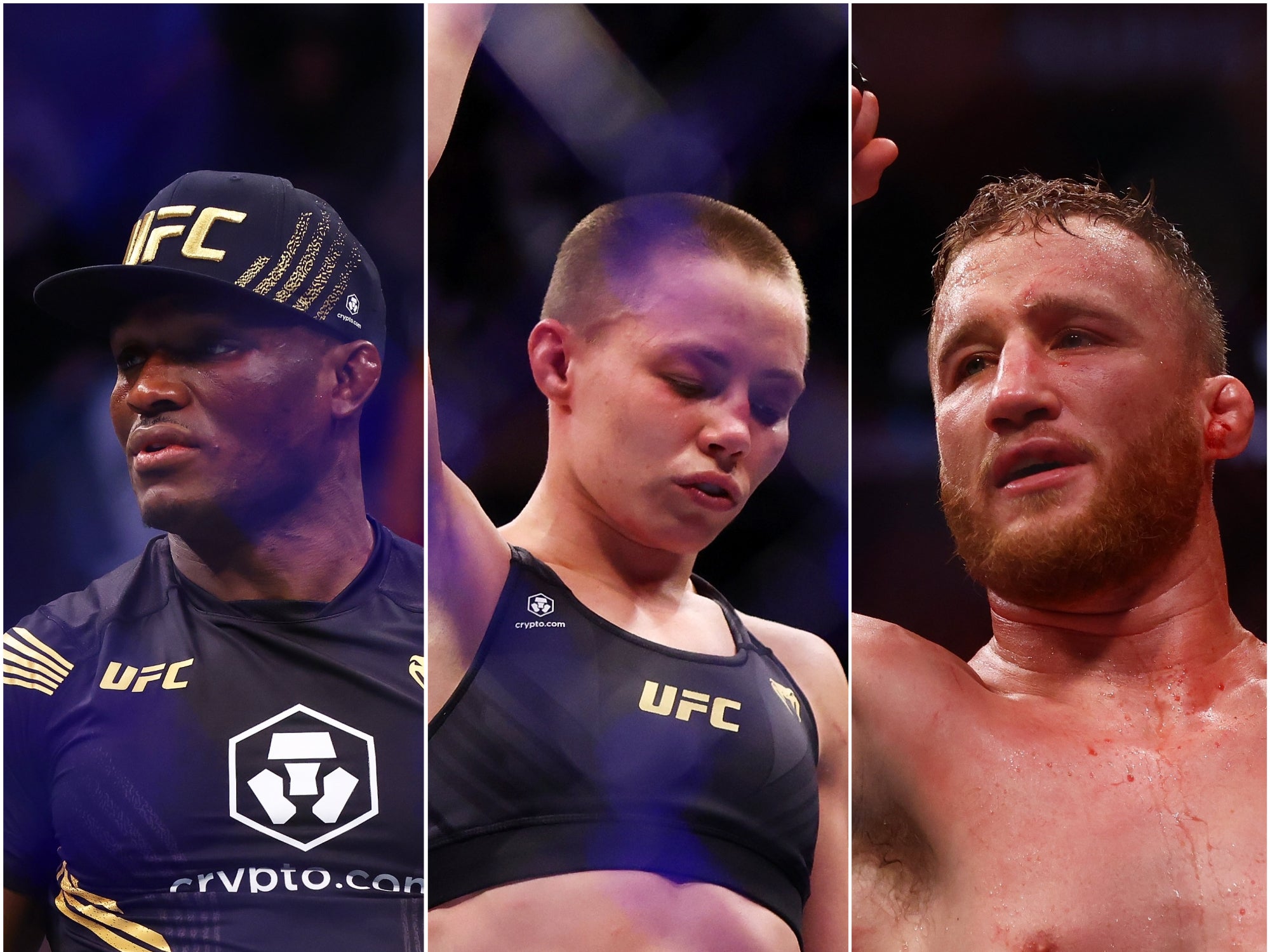 <p>Kamaru Usman, Rose Namajunas and Justin Gaethje (L-R) at UFC 268</p>