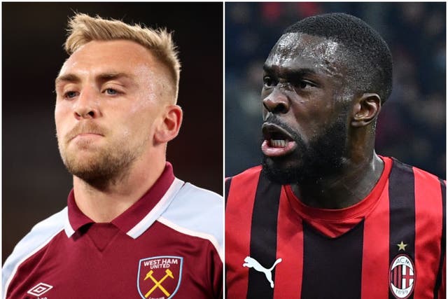 <p>Jarrod Bowen of West Ham (left)and AC Milan’s Fikayo Tomori are pressing for consideration by Gareth Southgate</p>