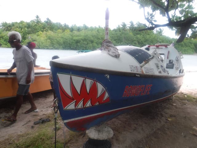 <p>An undated handout photo received from Benjamin Chutaro on November 9, 2021 shows a boat used by the late US Paralympian and ocean rower Angela Madsen found washed up on Mili Island</p>