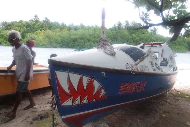 <p>An undated handout photo received from Benjamin Chutaro on November 9, 2021 shows a boat used by the late US Paralympian and ocean rower Angela Madsen found washed up on Mili Island</p>