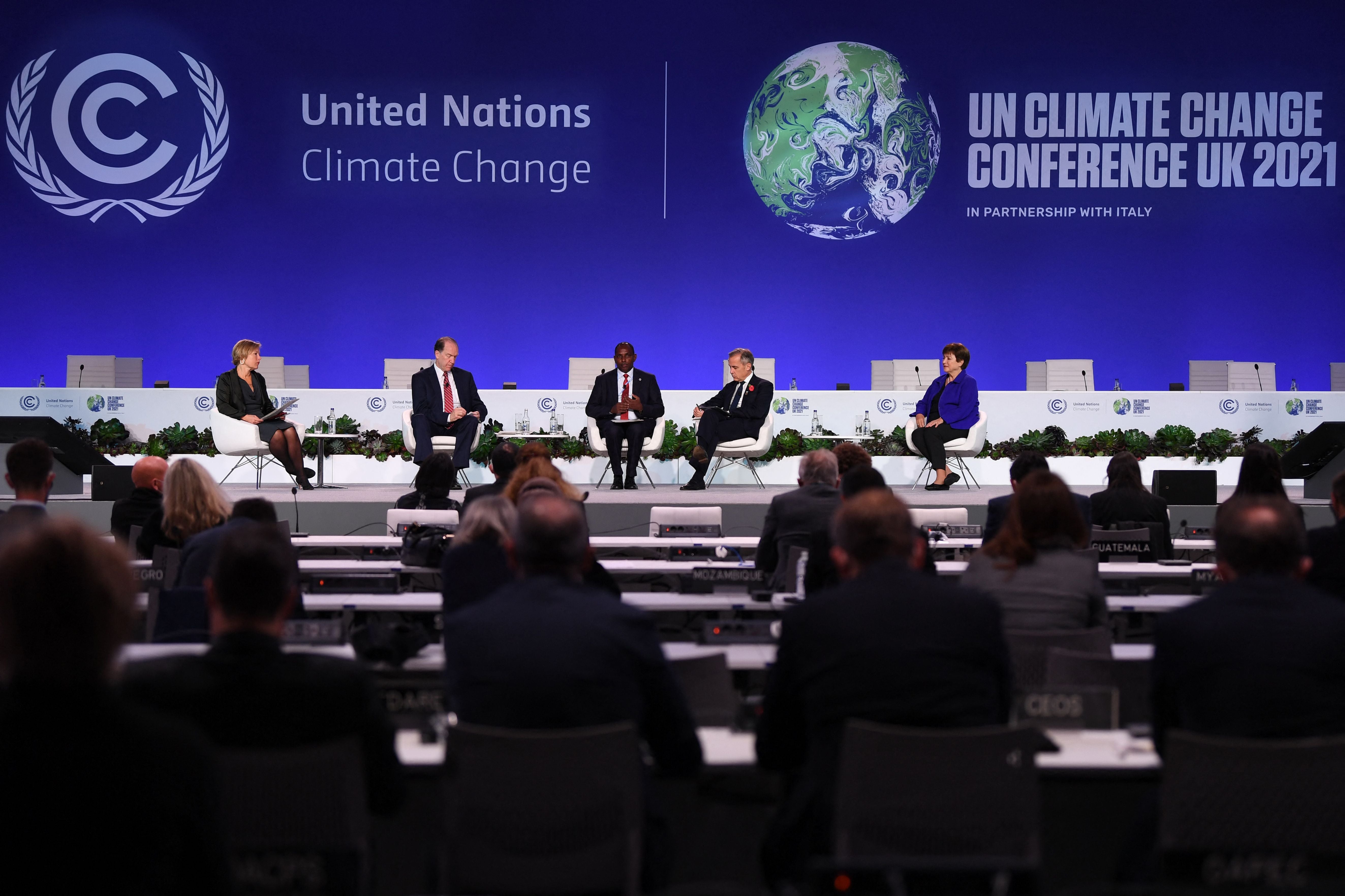 World Bank president David Malpass, Kenyan finance minister Ukur Yatani Kanacho, Mark Carney and IMF managing director Kristalina Georgieva hold a panel discussion